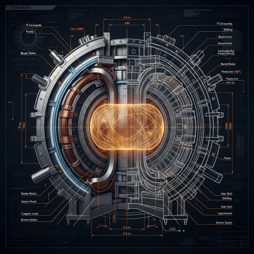 Cross-section cutaway diagram of the Radiant Core toroidal reactor showing plasma torus, magnet coils, cooling jacket, and containment shell
