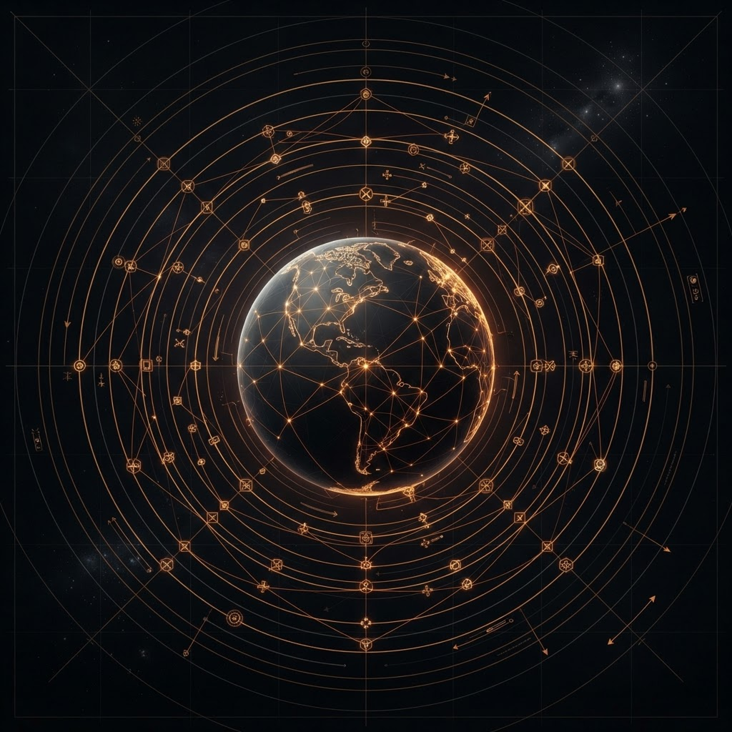 Schematic map of a planetary and orbital energy grid with node points and transmission lines