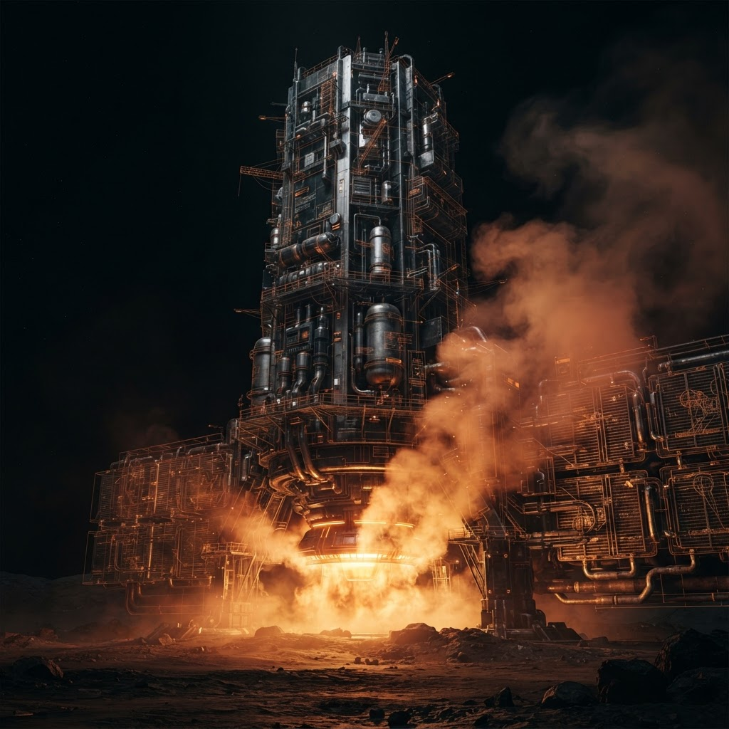 Render of a Martian terraforming atmospheric processor engine venting atmospheric plumes