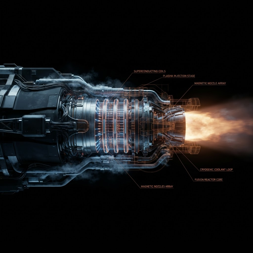 Engineering render of a Voyager-class fusion propulsion system with plasma exhaust plume